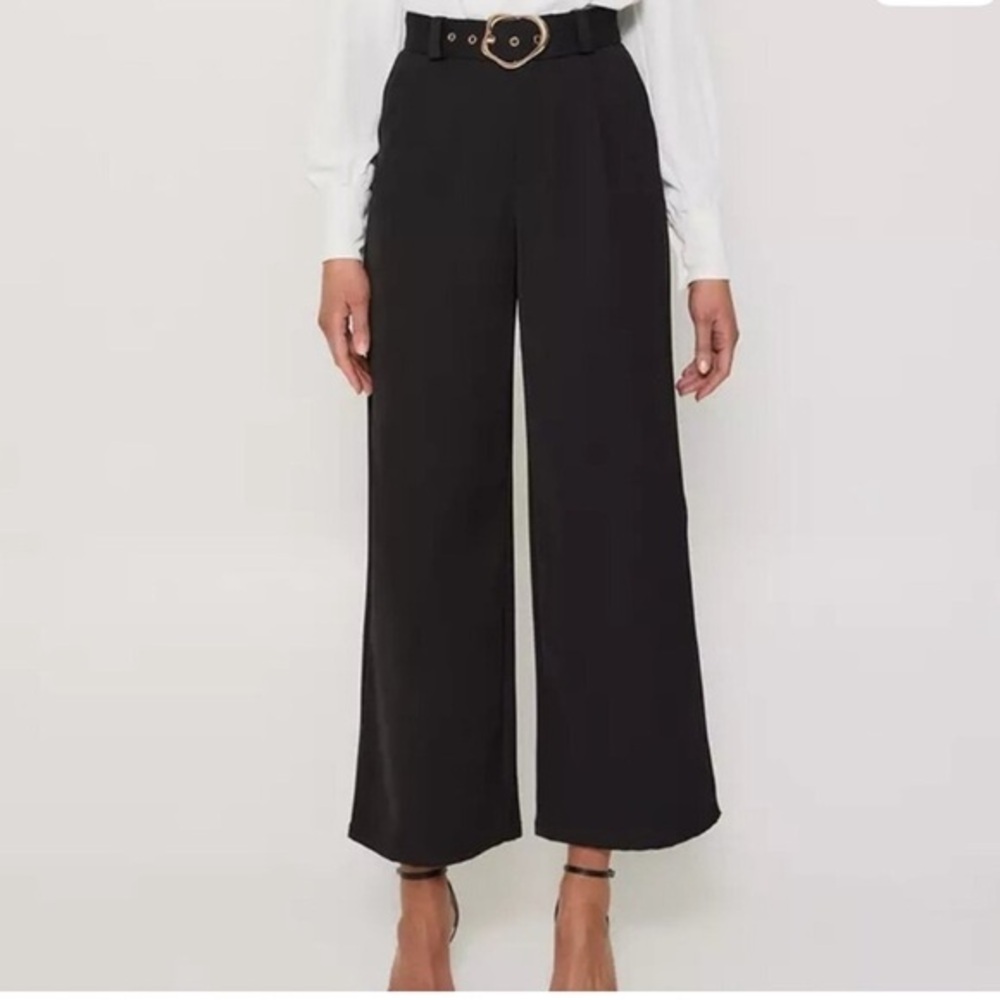 House of Harlow 1960 NEW Black Linen Blend Wide Leg Belt With Bucle Pants